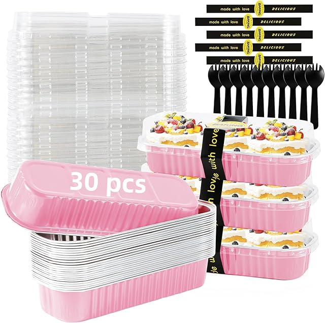 30 Pack Pink Disposable Rectangular Aluminum Foil Loaf Pans with Lids,6.8oz Mini Cake Pans for Baking, Loaf Baking Pans, Small Cake Container
