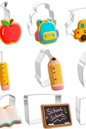9 Pieces Back to School Cookie Cutters Set, Stainless Steel School-Themed Biscuit Mold Includes Apple Pencil Ruler Notebook School Bus Blackboard Book Backpack Crayon Baking Decorations