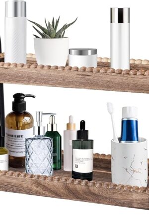 2 Tier Bathroom Countertop Organizer Vanity Organizer Wood Bead Storage Shelf