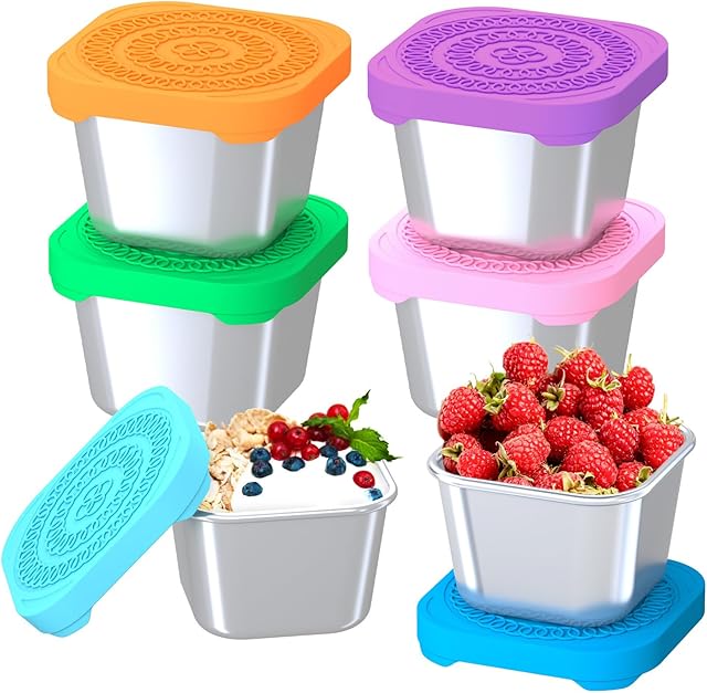 6Pack 6oz Stainless Steel Snack Containers for Kids, Leak Proof Small Food Storage Container with Silicone Lid, Easy Open Leak Proof Stainless Steel Food Storage Containers with Silicone Lids
