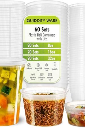 Deli Containers with Leakproof Lids-60 Sets [ 20sets-8oz, 20sets-16oz, 20sets-32oz] BPA-Free Plastic Microwaveable Clear Food Storage Container Premium Heavy-Duty, Freezer & Dishwasher Safe…
