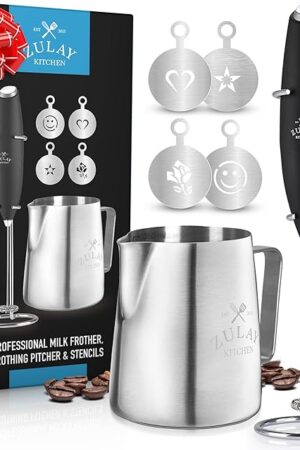 Zulay Kitchen Premium Gift Milk Frother Complete Set - Handheld Foam Maker, Stencils & Frother Set - Whisk Drink Mixer for Coffee - Mini Blender for Cappuccino, Frappe