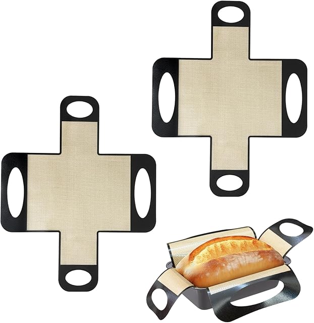 2Pcs Silicone Bread Loaf Pan Liner, Reusable Silicone Bread Sling Mat, Food-Grade Bread Baking Mat with 4 Handles, Non Stick, Easy to Clean, Bread Transfer Tool for Baking Cooking