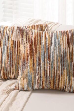 Boho Throw Pillow Covers 18x18 Set of 2 Woven Tufted Farmhouse Pillows Cover with Tassels Textured Striped Cushion Case Neutral Pillow Cases Decorative Pillowcase for Sofa Couch Bed,Rust