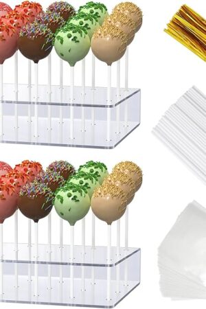 2 Pack Cake Pop Stand with Sticks Kit, Acrylic Lollipop Hold Stand, Clear Cake Pop Display Holder, 15 Holes Candy Pop Holder with 100 Pcs Sticks, 100 Pcs Clear Wrappers, 100 Pcs Gold Twist Ties