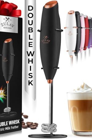 Zulay Double Whisk Milk Frother Handheld Mixer - High Powered Frother For Coffee With Improved Motor - Milk Frother Electric Whisk Drink Mixer For Cappuccino, Frappe, Matcha, Twin Whisk - Black/Copper