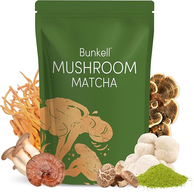 Bunkell Mushroom Matcha, Adaptogenic 6 Mushrooms Mix with Japanese Matcha | for Energy, Focus & Immune Support | Ceremonial Powder Blend | with Lion's Mane, Reishi, Cordyceps & Shiitake | 30 Servings, 1 Pack