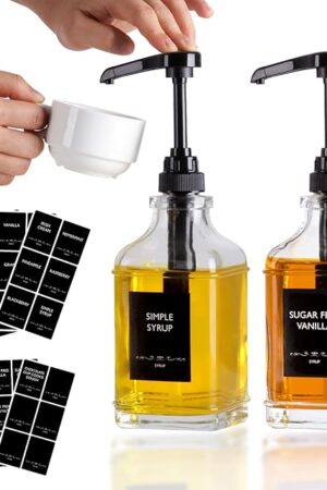 Alotpower 2-Pack 16oz Glass Coffee Syrup Dispenser Bottle, Empty Square Containers for Coffee Bar with 1/4oz Pump - Kit Includes 36 Labels & Marker