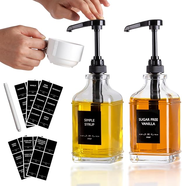 Alotpower 2-Pack 16oz Glass Coffee Syrup Dispenser Bottle, Empty Square Containers for Coffee Bar with 1/4oz Pump - Kit Includes 36 Labels & Marker