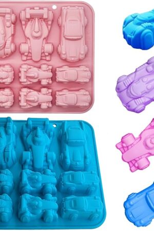 2-Pack 3D Racing Car Silicone Molds - 9-Cavity Jello, Chocolate, DIY Baking Tools for Kids - Ideal for Chocolate Cakes Decor, Desserts, Gummy Candy, Mousse, Pastries, Cupcake Toppers, Soaps