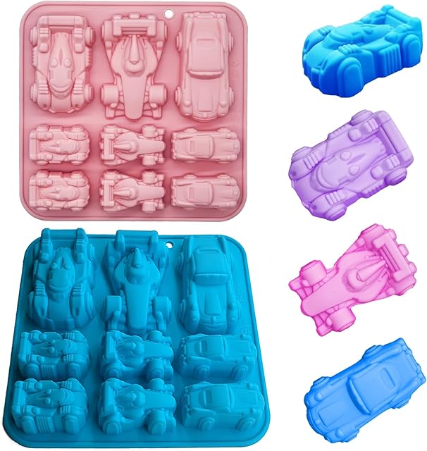 2-Pack 3D Racing Car Silicone Molds - 9-Cavity Jello, Chocolate, DIY Baking Tools for Kids - Ideal for Chocolate Cakes Decor, Desserts, Gummy Candy, Mousse, Pastries, Cupcake Toppers, Soaps