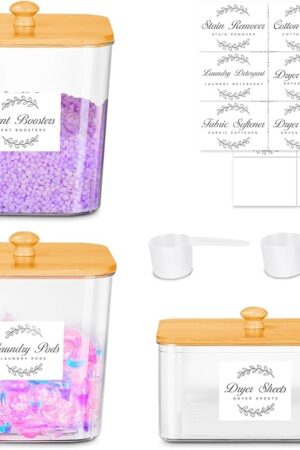 efluky 3 Pack Laundry Pods Container & Dryer Sheet Holder Set,Clear Laundry Room Organization Containers with Bamboo Lids and Labels,Laundry Pods Holder for Scent Booster,Powder,Pod