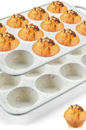 2Pack Silicone Muffin Pan for Baking with Metal Reinforced Frame, 12 Cup Regular Size Cupcake Pan, BPA Free Silicone Muffin Tray, Cupcake Baking Pan Molds for Oven Dishwasher Safe