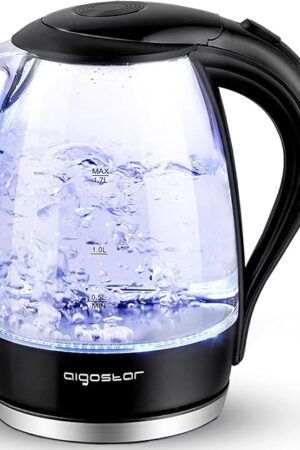Aigostar Electric Kettle, 1500W Cordless Electric Tea and Hot Water Kettle with Filter, LED Illuminated, High Borosilicate Glass, No BPA, Auto Shutoff, Boil-Dry Protection, 360° Base, 1.7 Liter