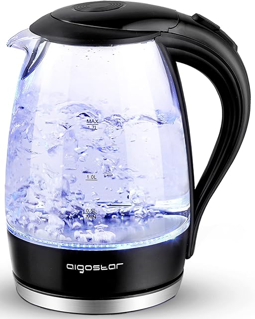 Aigostar Electric Kettle, 1500W Cordless Electric Tea and Hot Water Kettle with Filter, LED Illuminated, High Borosilicate Glass, No BPA, Auto Shutoff, Boil-Dry Protection, 360° Base, 1.7 Liter