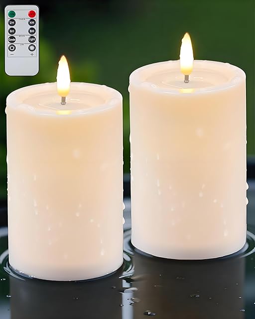 3"x4" Outdoor Waterproof Flameless Candles with Remote and Timers, LED Candles, Battery Operated Candles, Electric Fake Pillar Candles for Patio, Porch, and Lanterns Decor (Ivory)