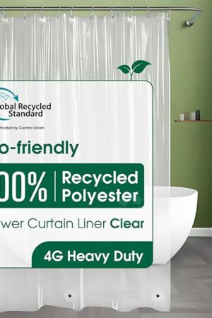 Bowery Home NOT Made in China Eco-Friendly Recycled Polyester Shower Curtain Liner – Waterproof, Sustainable, Non-Toxic Shower Curtain Liner, with Rust-Proof Grommets, 72x72IN, 4G – Clear