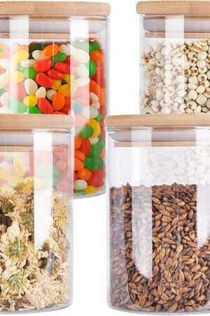 4 Pack Glass Storage Jars with Airtight Bamboo Lid, 27 OZ Glass Kitchen Canisters, Clear Container for Coffee Bean Storage, Dry Goods, Cookie, Candy, Tea, Spices and More