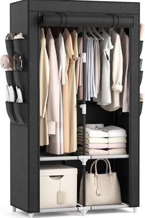 VTRIN Portable Closet Wardrobe Closet for Hanging Clothes with 4 Storage Shelves, 2 Hanging Rods and 6 Pockets, Stable and Easy Assembly Clothes Rack with Cover Free Standing Closet for Bedroom, Black