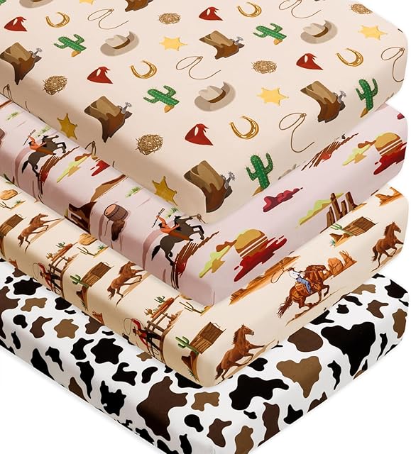 4 Pack Western Cowboy Crib Sheets Neutral Fitted