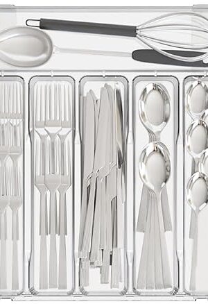 Yieach Clear Expandable Silverware Drawer Organizer - Adjust From 11'' to 22'' - Knife,Cutlery,Spoons and Forks Organizer,Large 8 Grid Flatware,Silverware Tray,Utensil Organizer for Kitchen Drawers