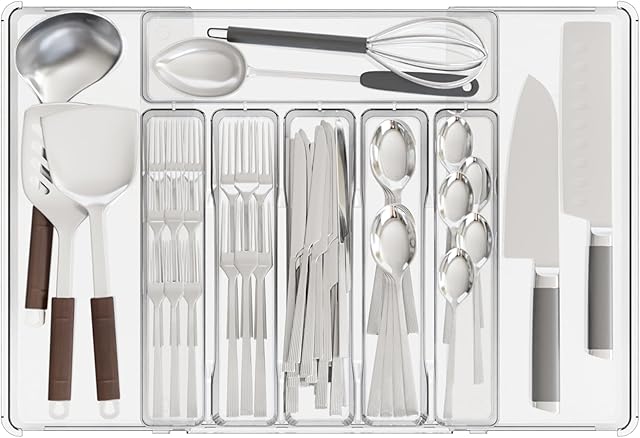 Yieach Clear Expandable Silverware Drawer Organizer - Adjust From 11'' to 22'' - Knife,Cutlery,Spoons and Forks Organizer,Large 8 Grid Flatware,Silverware Tray,Utensil Organizer for Kitchen Drawers