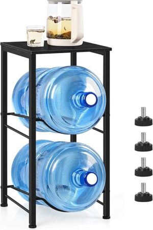 Water Jug Holder 5 Gallon Water Bottle Holder Stand With Storage Shelf, 2 Tier 5 Gal Water Jug Storage Rack with 2 Slots for Kitchen Living Room Home Office, Black
