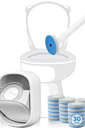 CiLoN Disposable Toilet Brush & Holder Set – Wall-Mounted Toilet Bowl Cleaner Wand with 30 Refill Pads, Hygienic Bathroom Cleaning System with Fresh Bleach Sanitizer, Space-Saving Storage Caddy