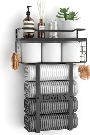 Wall Mounted Towel Rack for Bathroom - Bath Storage Holder Set Above Toilet, Rolled Towel Shelf Organizer, Wood Vertical Rack for Small Bathroom Decor, Black