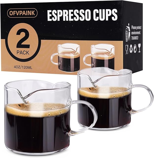 2 PACK Espresso Cups, 4 OZ Double Spouts with Handle | Double Spouts | Clear Glass | Milk Cup