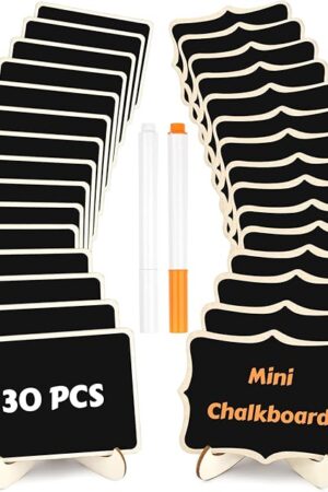30 Pack Mini Wooden Chalkboard Signs with Easel Stand, Reusable, Zero Residue Food Labels for Buffet, Wedding, Place Cards, Party and Event Decor