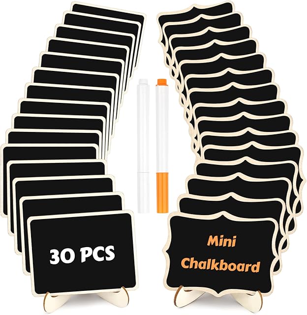30 Pack Mini Wooden Chalkboard Signs with Easel Stand, Reusable, Zero Residue Food Labels for Buffet, Wedding, Place Cards, Party and Event Decor