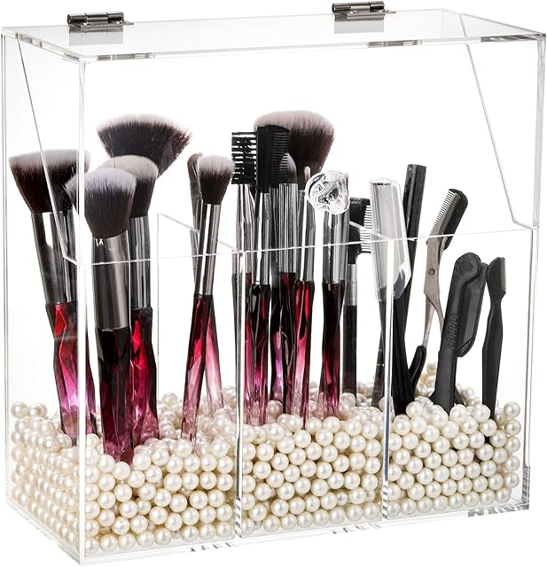 Okllen Large Acrylic Clear Makeup Brush Holder with White Pearls Cosmetic Brush Storage Box Case