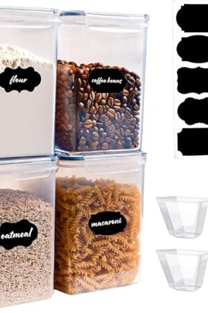 4-Pack 5.2L Airtight Food Storage Containers, BPA-Free Plastic Canisters for Flour, Rice, Pasta & Cereal, Kitchen Pantry Organization with Lids, Labels & Measuring Cups