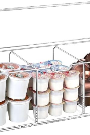 BEYGORM Acrylic Coffee Pod Holder with Lid for 24 Kcup, Clear Coffee Capsule Storage Organizer,3 Compartments Coffee Bar Station Organizer Compatible with Coffee Pod, Coffee Creamer