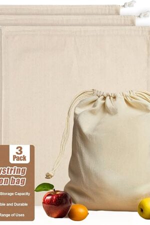 Cotton Storage Bags With Drawstrings - Rainflow 3 Pack 15x17 Inch Reusable Produce Bags Cotton Produce Bags Washable Muslin Storage Bags for Fruit Onion Storage Clothes Shopping Home Supplies