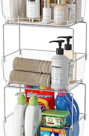 Delamu 3 Tier Rolling Cart for Kitchen, Bathroom, Office – Acrylic Utility Storage Carts with 2 Lockable Wheels – Ideal for Small Spaces, Pantry, Classroom, Makeup Organizer, Dorm Storage, Clear
