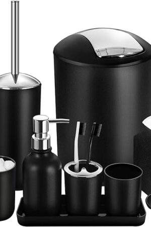 Black Bathroom Accessories Set, 10Pcs Bathroom Accessory Set with Trash Can, Soap Dispenser and Toothbrush Holder, Soap Dish, Cotton Ball & Qtip Holder, Toilet Brush Holder, Tissue Box Cover