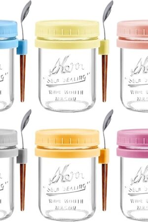 6 Pack Overnight Oats Containers with Lids and Spoons - 16 Oz Glass Mason Jars for Overnight Oats Airtight Jars Leak Proof Oatmeal Container Meal Prep Jar for Yogurt,Milk,Cereal,Fuirt,Salad