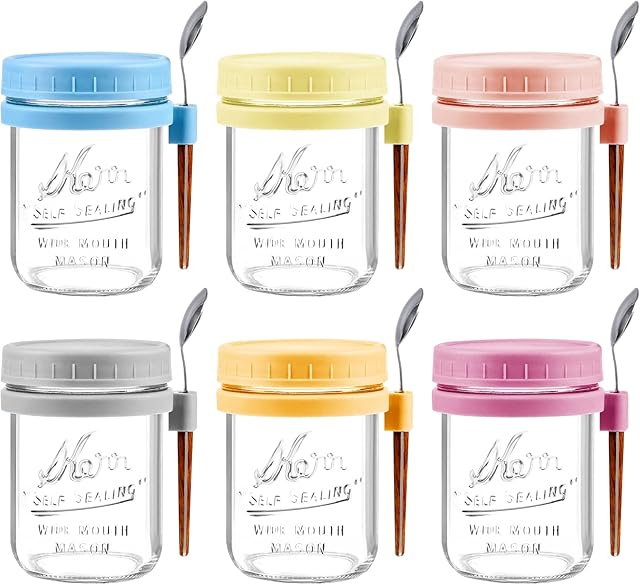6 Pack Overnight Oats Containers with Lids and Spoons - 16 Oz Glass Mason Jars for Overnight Oats Airtight Jars Leak Proof Oatmeal Container Meal Prep Jar for Yogurt,Milk,Cereal,Fuirt,Salad