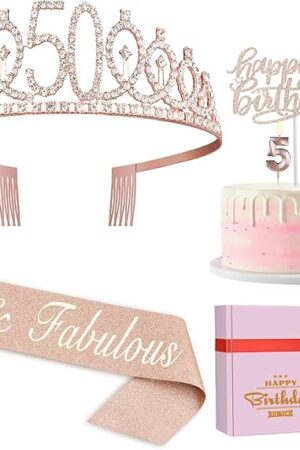 50th Birthday Decorations for Women, Including 50th Birthday Sash and Crown, Cake Topper and Candles, 50 Year Old Gifts for Women