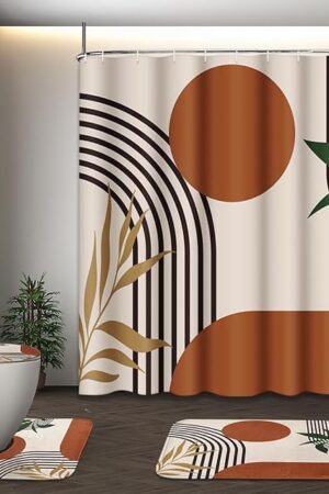 Boho Mid Century Shower Curtain Set with Toilet Lid Cover and Non-Slip Rugs, Abstract Geometric 4 Pcs Modern Minimalist Shower Curtain for Bathroom Set with 12 Hooks