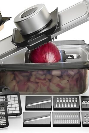 12-in-1 Vegetable Chopper, Mandoline Food Slicer for Kitchen, Cheese Grater, Veggie Chopper with Container, Vegetable Cutter for Onion, Salad and Fruit- Stainless Steel, Home Essential Tools