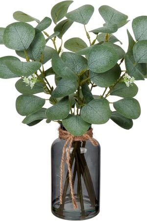 Briful Artificial Eucalyptus Stems in Black Glass Vase with Faux Water, 14" Fake Plant Eucalyptus Leaves for Home Office Farmhouse Wedding Centerpiece Décor