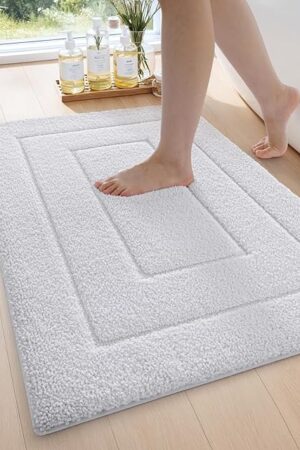 DEXI Bathroom Rug 24x16, Non Slip Washable Bath Mat for Shower Floor, Absorbent Soft Bathmat with Rubber Backing, Quick Dry Microfiber Carpet, White