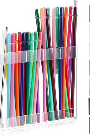 Acrylic Straw Holder for Cabinet Door with Double Sided Adhesive Tape Reusable Straw Organizer Tumbler Storage Kitchen Accessories Container for Counter Cupboard(Classic,Large,Transparent)
