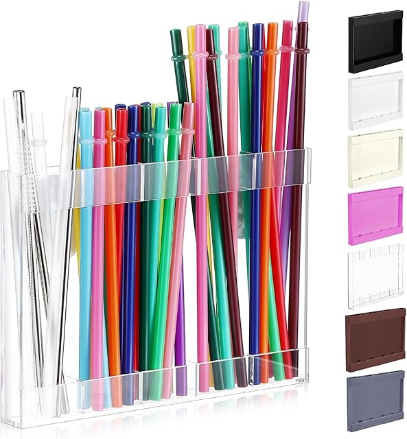 Acrylic Straw Holder for Cabinet Door with Double Sided Adhesive Tape Reusable Straw Organizer Tumbler Storage Kitchen Accessories Container for Counter Cupboard(Classic,Large,Transparent)