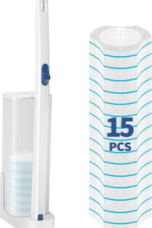 BOOMJOY Disposable Toilet Brush Set with 15 Wand Refills, Toilet Bowl Cleaner Wand with Holder, Toilet Cleaning System Starter Wand Kit, Bathroom Cleaning Set