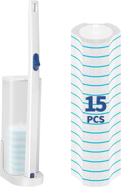 BOOMJOY Disposable Toilet Brush Set with 15 Wand Refills, Toilet Bowl Cleaner Wand with Holder, Toilet Cleaning System Starter Wand Kit, Bathroom Cleaning Set