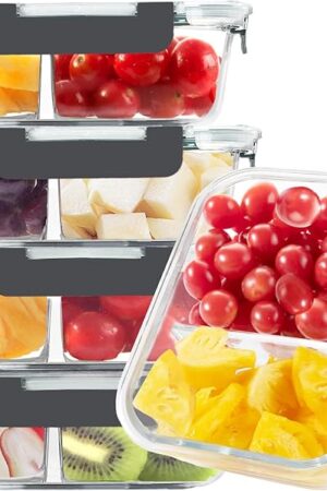 BAYZZ 5 Pack 35 Oz Glass Meal Prep Containers 2 Compartments, Glass Storage Containers with Lids, Airtight Lunch Bento Boxes, BPA-Free, Microwave and Freezer Safe